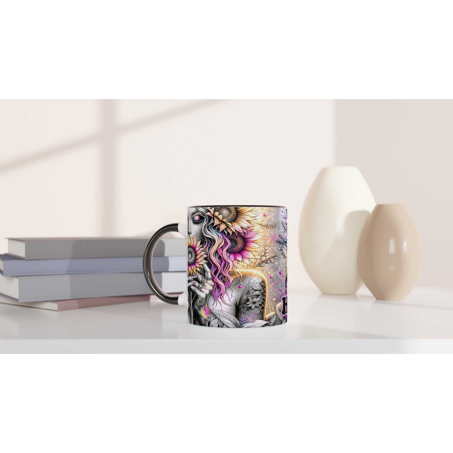 Be Happy Motivational Coffee Mug with vibrant design on table setting.