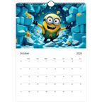 Minions Superhero Wall calendar 2026 October page with colorful Minion superhero illustration and spiral binding