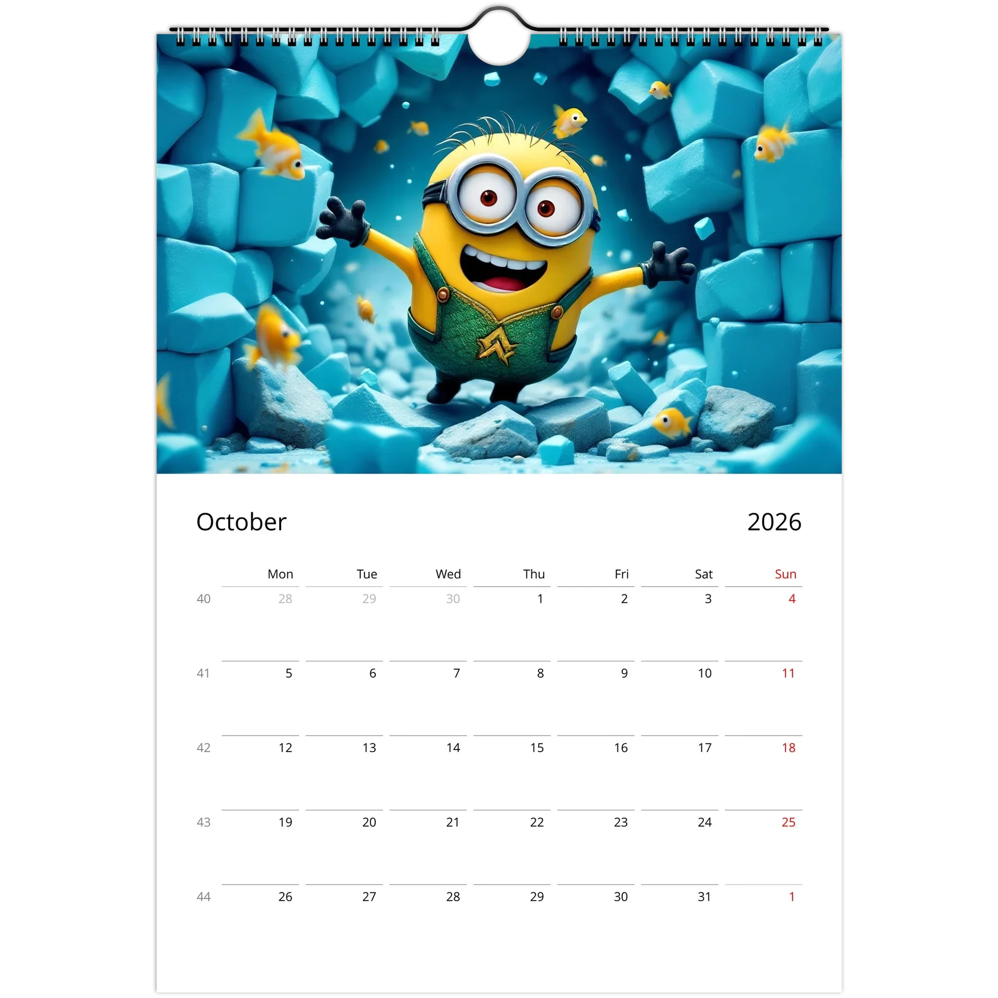 Minions Superhero Wall calendar 2026 October page with colorful Minion superhero illustration and spiral binding
