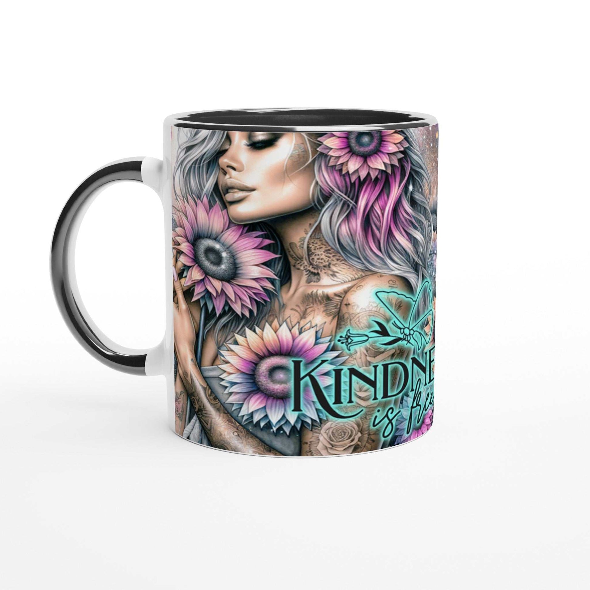 Kindness Is Free motivational coffee mug with vibrant design and inspirational quote.