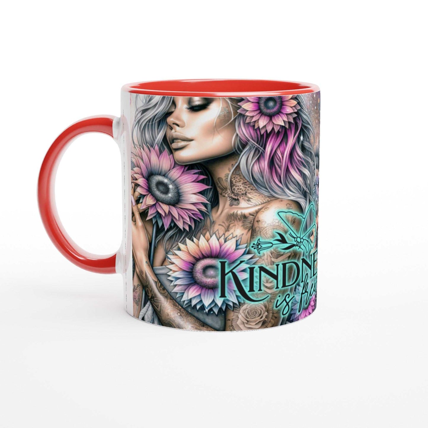 Kindness Is Free motivational coffee mug with colorful floral design and inspirational quote, 11oz ceramic, red rim and handle.