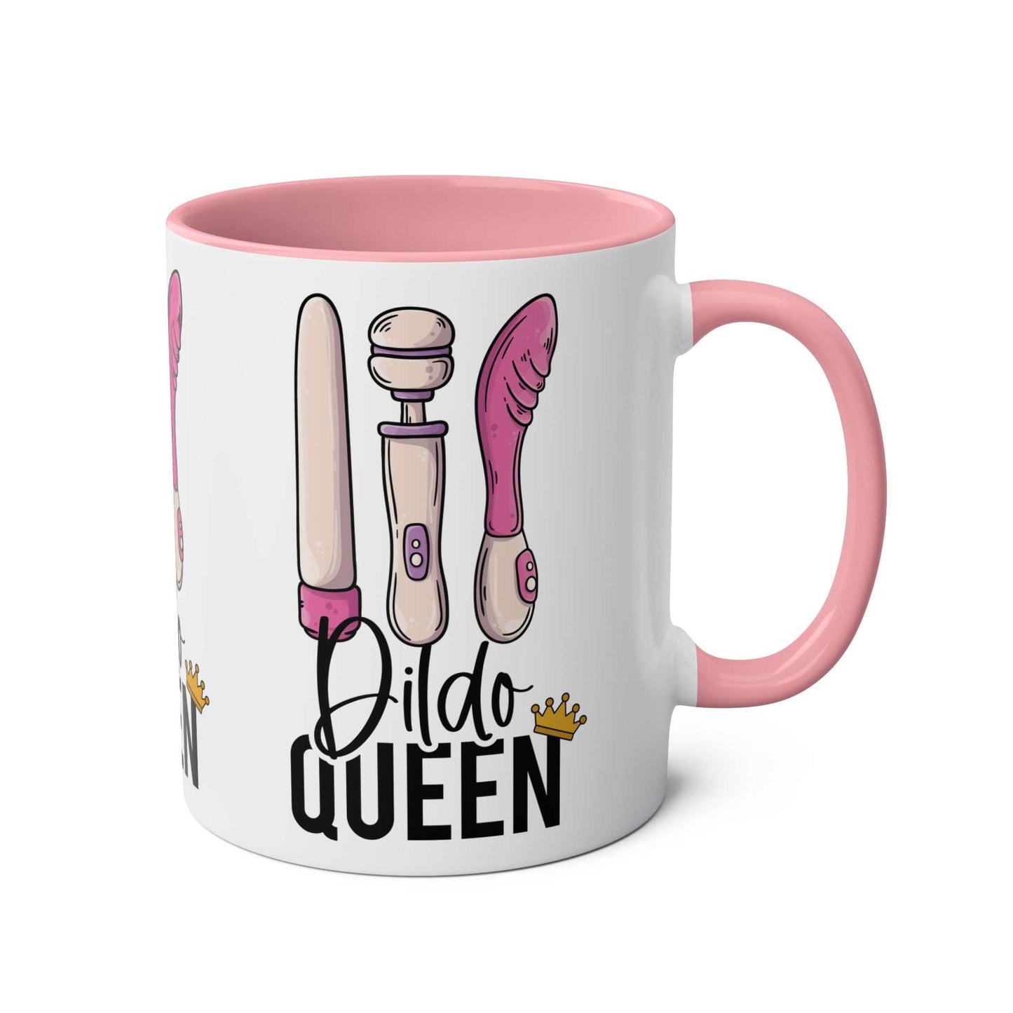 Cheeky Dildo Queen Coffee Mug with pink handle and interior, featuring humorous design.