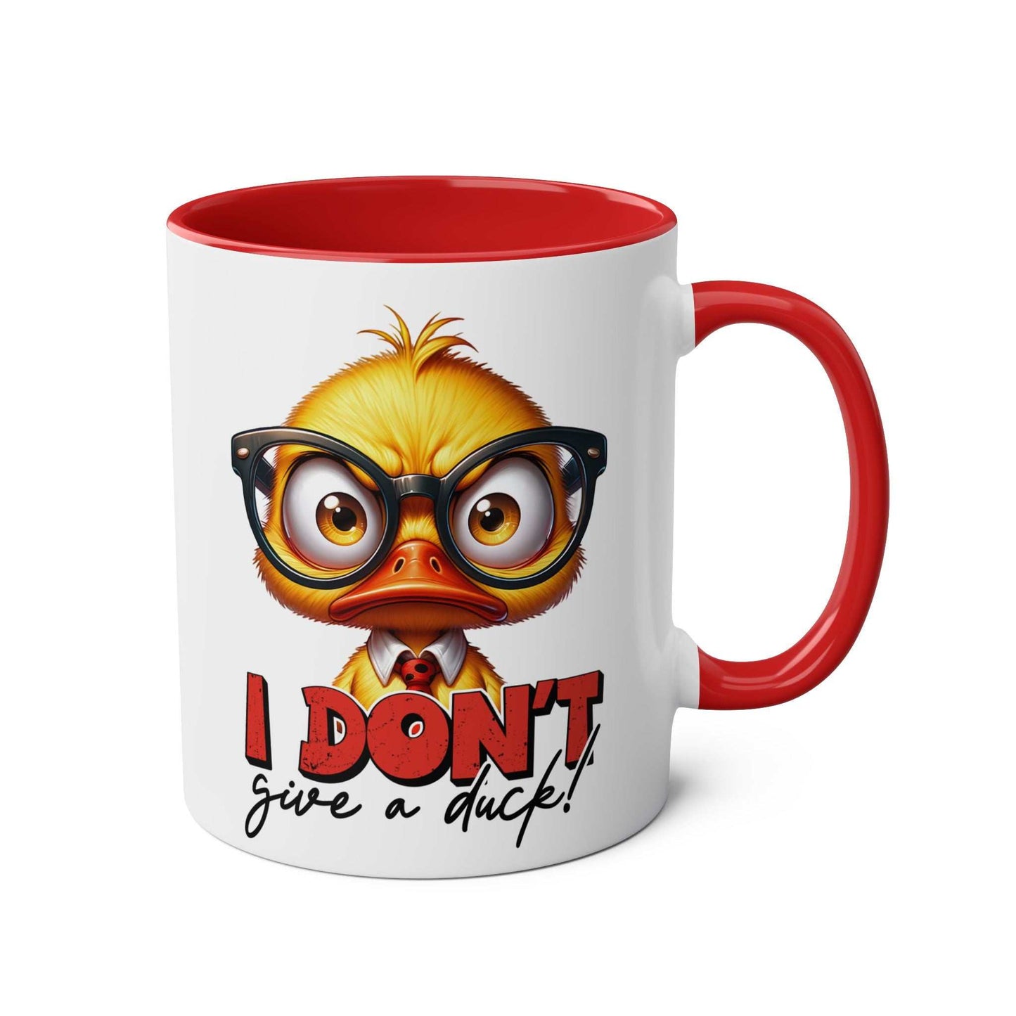 Quirky I Dont Give A Duck Coffee Mug with playful duck design, red interior and handle.