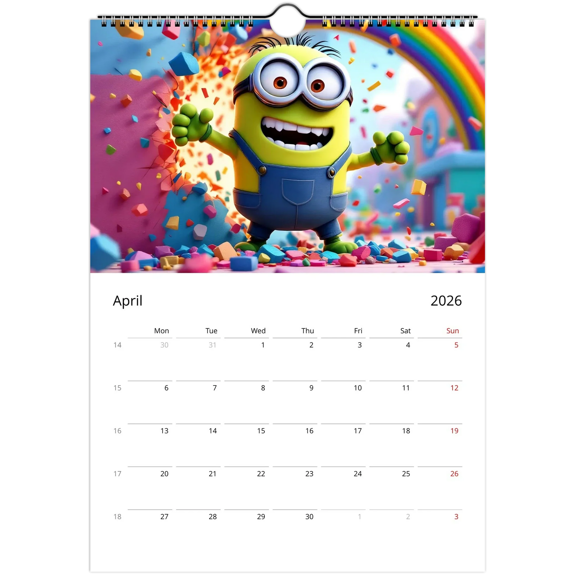 2026 Minions Superhero Wall Calendar featuring colorful superhero Minion illustration for April with clear date squares and spiral binding