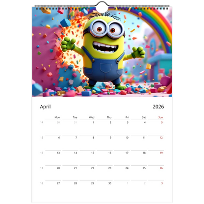 2026 Minions Superhero Wall Calendar featuring colorful superhero Minion illustration for April with clear date squares and spiral binding