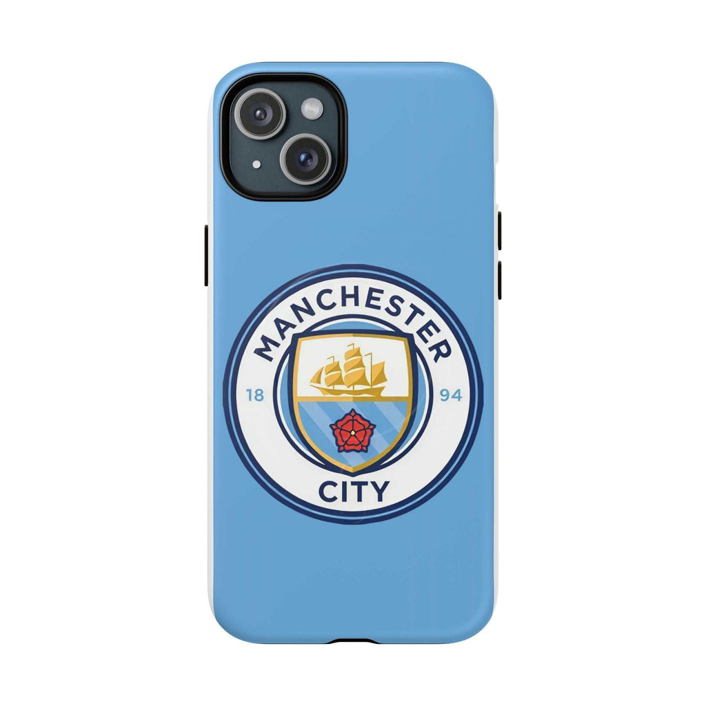 Manchester City MagSafe iPhone case with sky blue color and club logo, dual layer protection, MagSafe compatible.