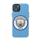 Manchester City MagSafe iPhone case with sky blue color and club logo, dual layer protection, MagSafe compatible.