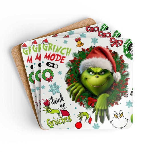 Grinch Coaster Set with grumpy Grinch design, high-gloss MDF top, cork back, holiday decor.