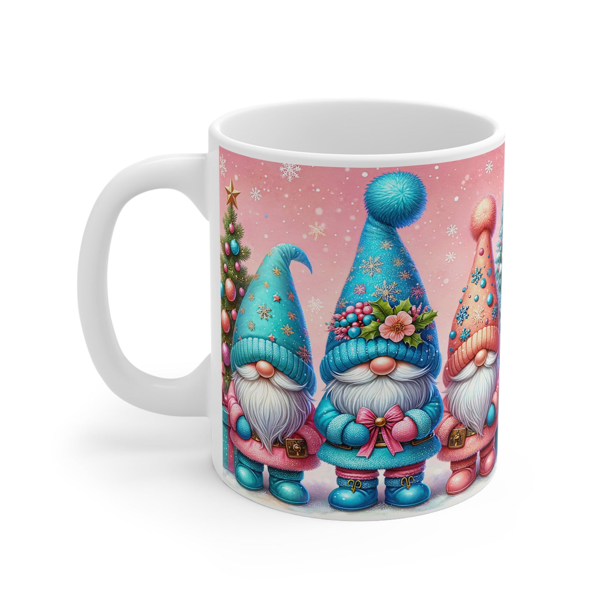 Christmas Gnome Mug with festive gnome design, 11oz ceramic, glossy finish, sublimation print.