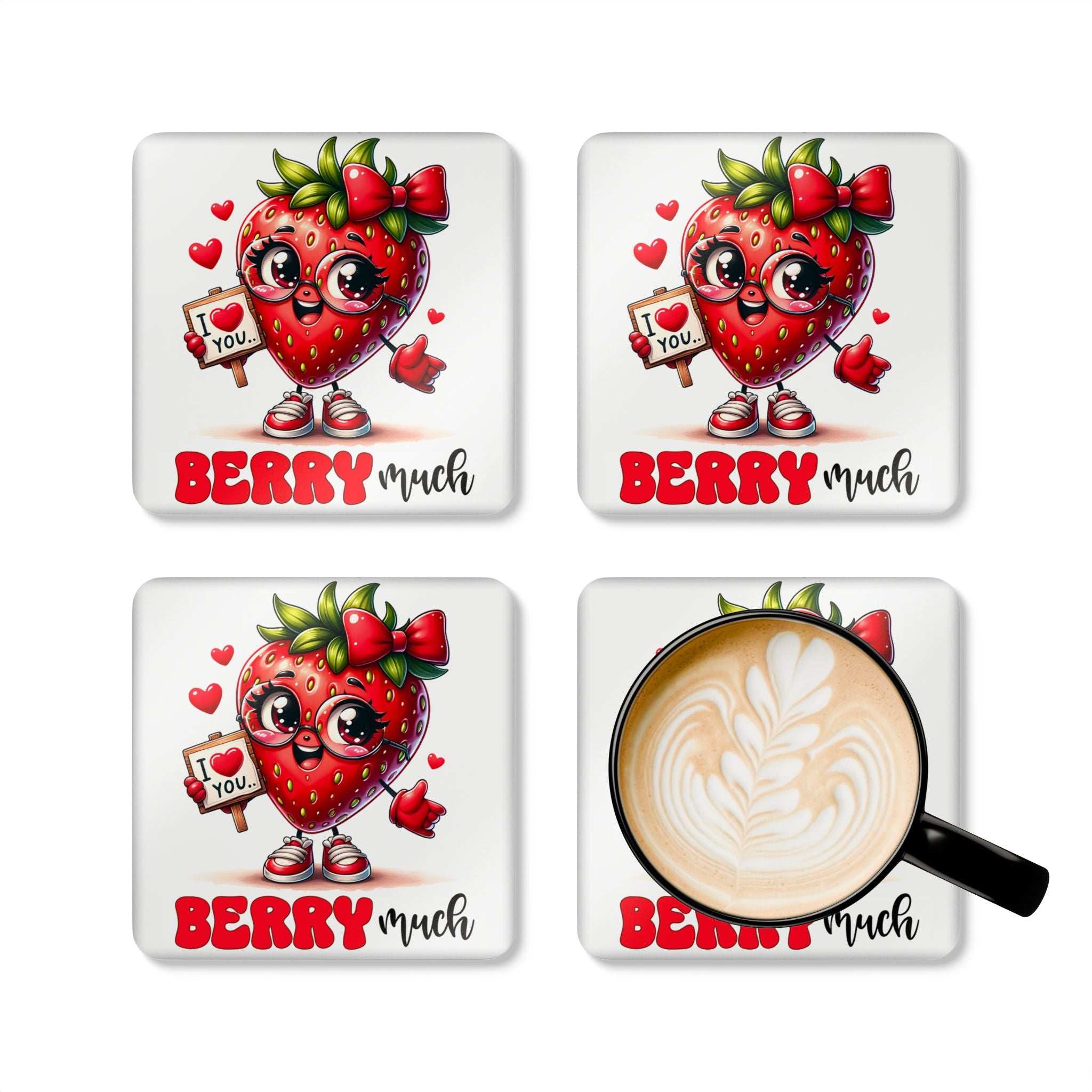 Love You Berry Much Coaster Set with playful strawberry design, high-gloss finish, and cork back.