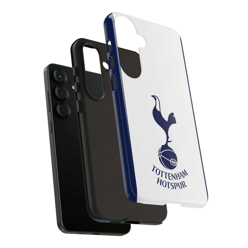 Tottenham FC magnetic Samsung phone case in white and navy with official-inspired crest, dual-layer protection, and wireless charging support