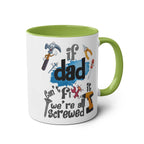 Fun Fathers Day Gift Mug with humorous tools design, green handle and interior, perfect for dads.