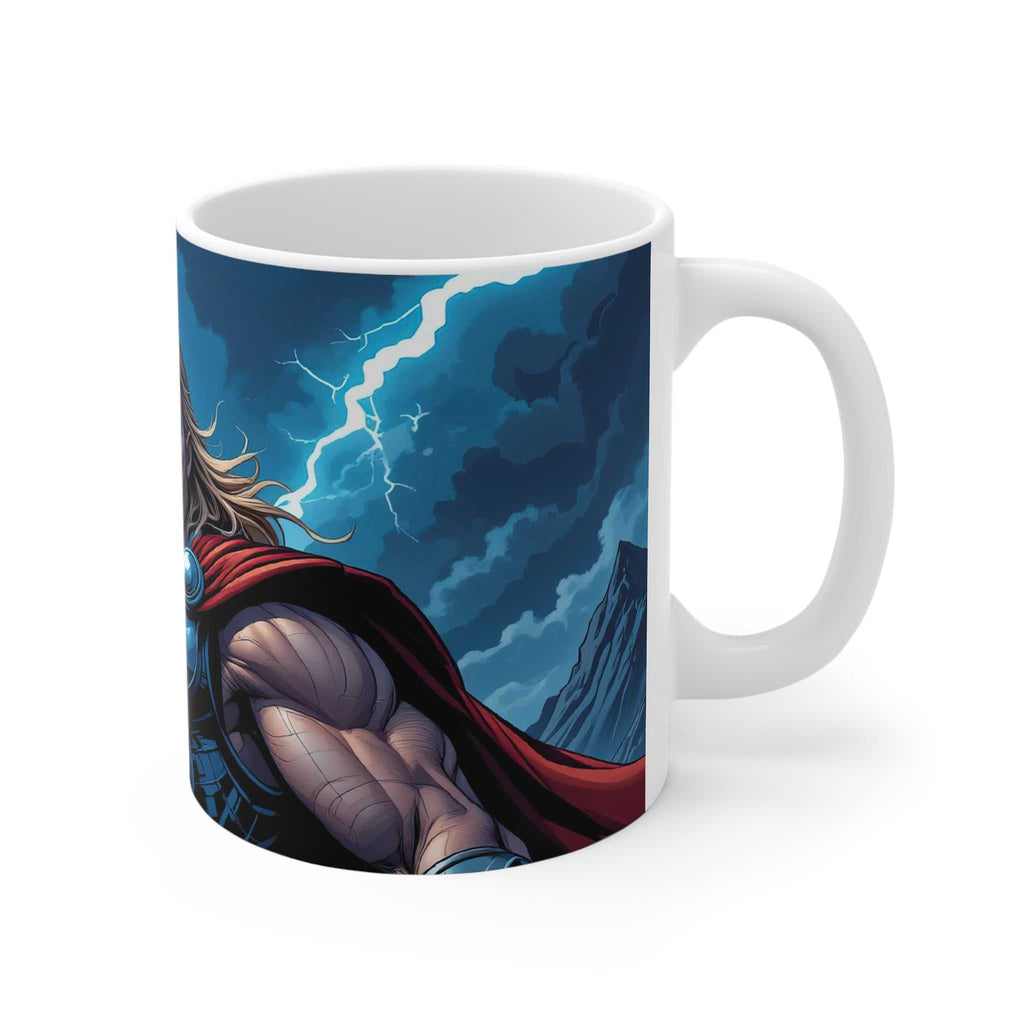Thor-inspired superhero mug with bold ceramic design, glossy finish, and lightning artwork, microwave and dishwasher safe.