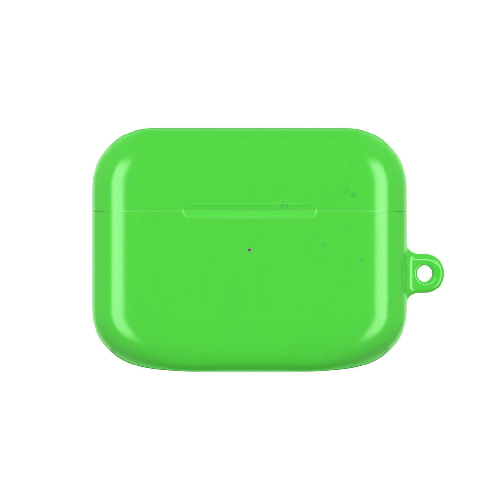 lime green hard shell AirPods protective case with glossy finish and keyring loop