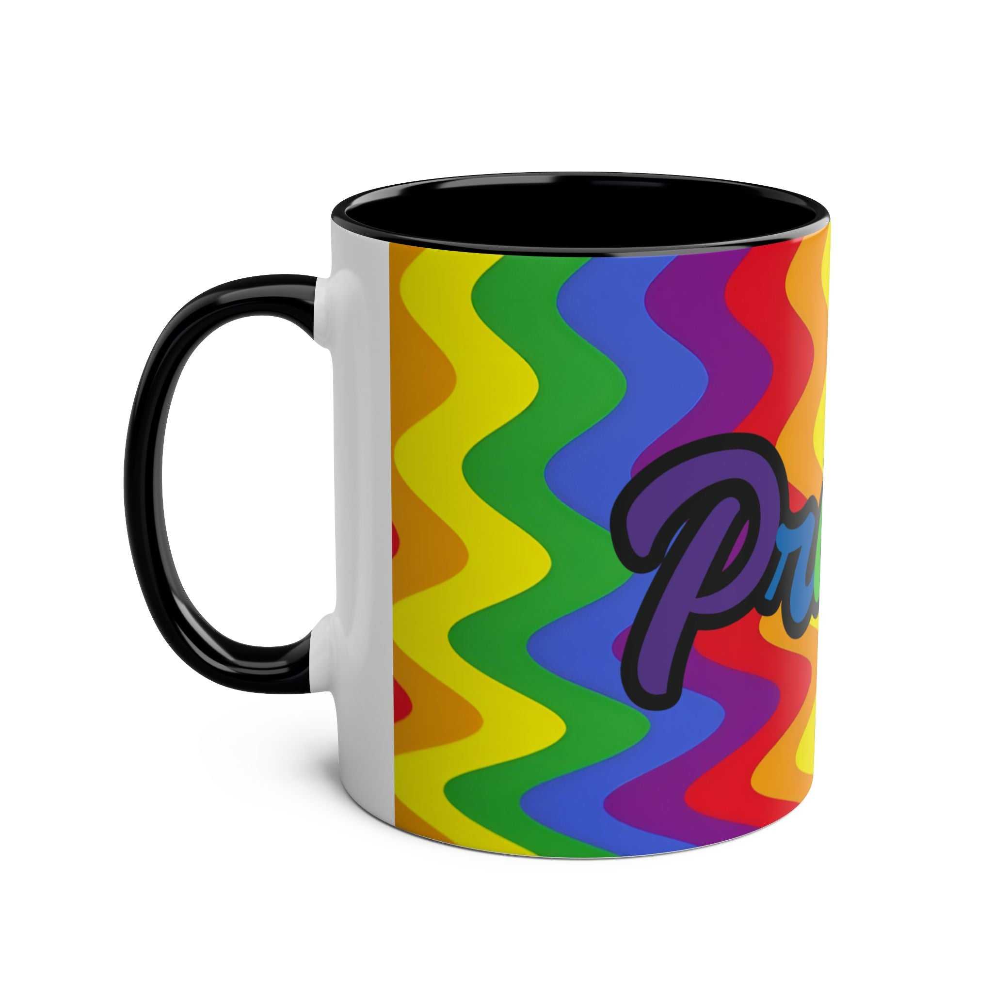 LGBTQ+ Pride mug with vibrant rainbow design and black handle.