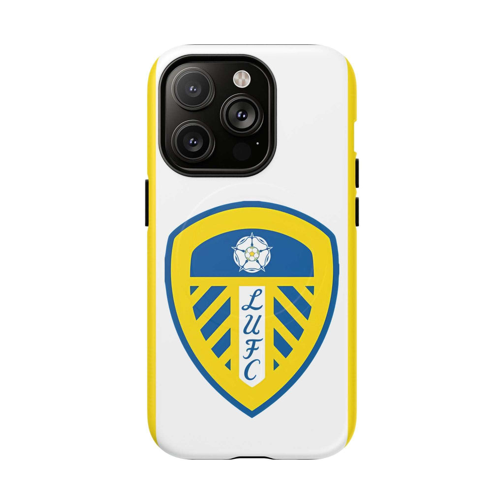 Leeds Utd MagSafe iPhone case with team crest, white and yellow, dual-layer protection, and MagSafe compatibility
