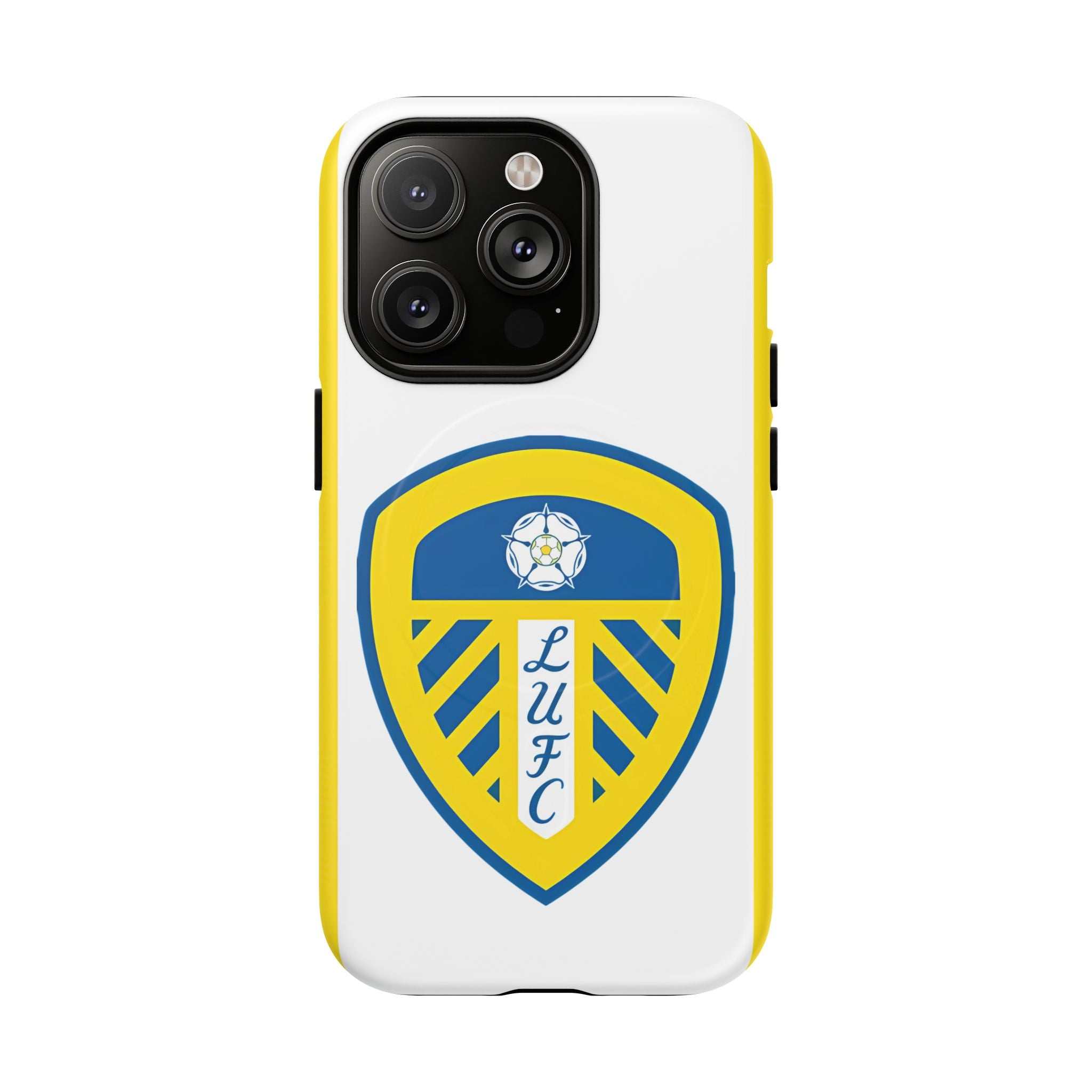 Leeds Utd MagSafe iPhone case with team crest, white and yellow, dual-layer protection, and MagSafe compatibility
