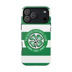 Celtic MagSafe iPhone Case with green and white stripes and Celtic Football Club crest, dual-layer protection, and MagSafe compatibility