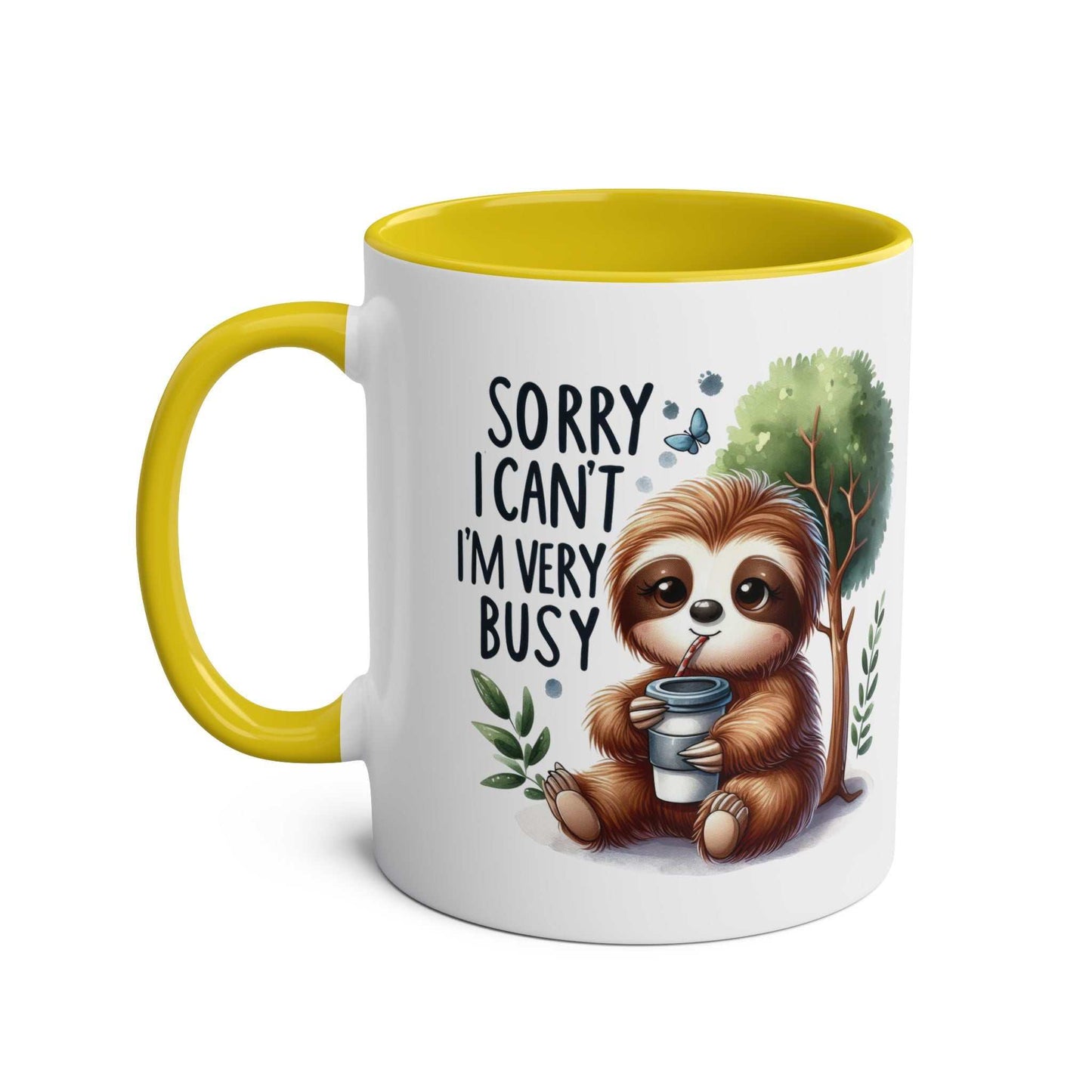 Cute sloth coffee mug with yellow handle and text "Sorry I Can't, I'm Very Busy" featuring a sloth design.