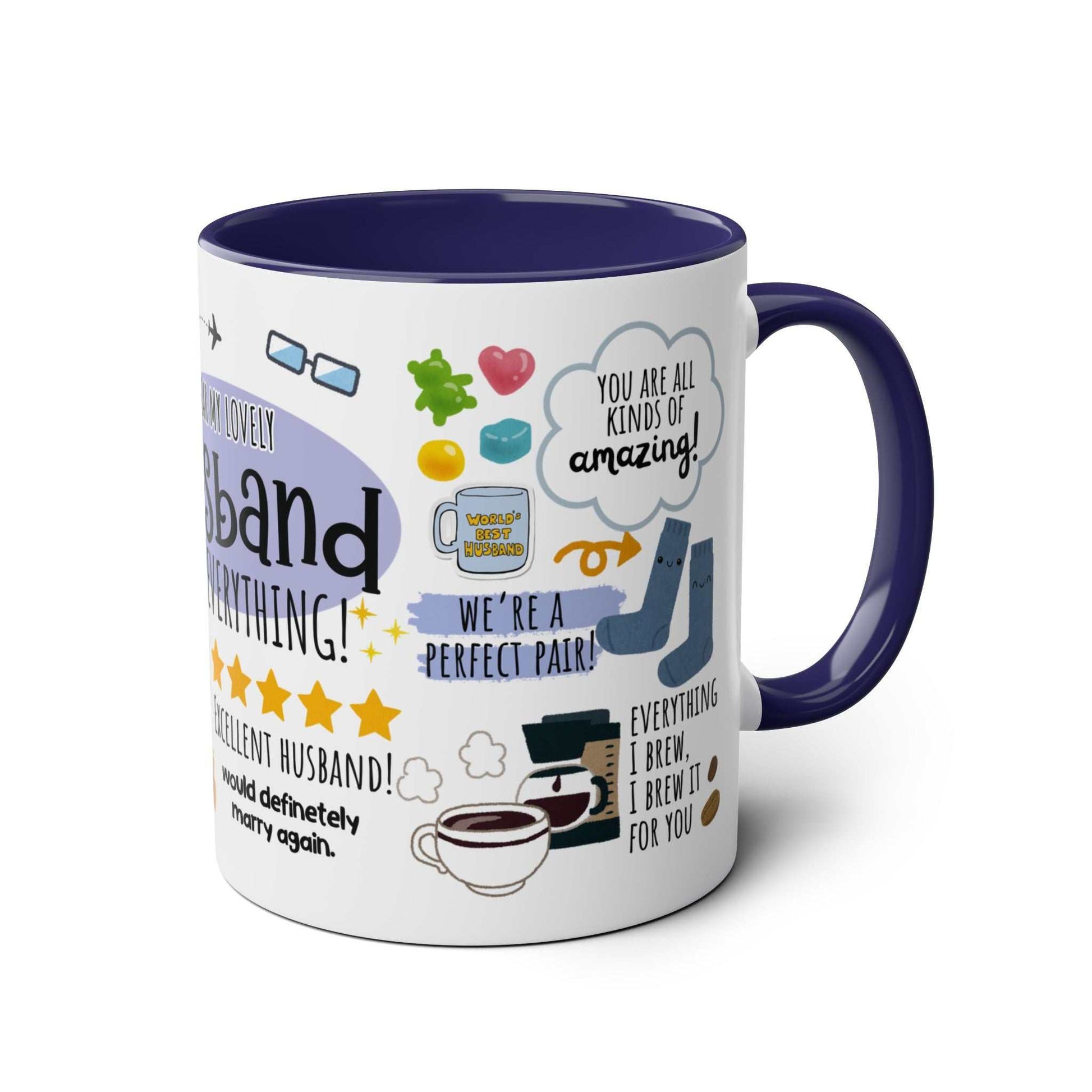 Husband Father's Day gift mug with playful design and text, 11oz ceramic, blue handle and rim, microwave and dishwasher safe.