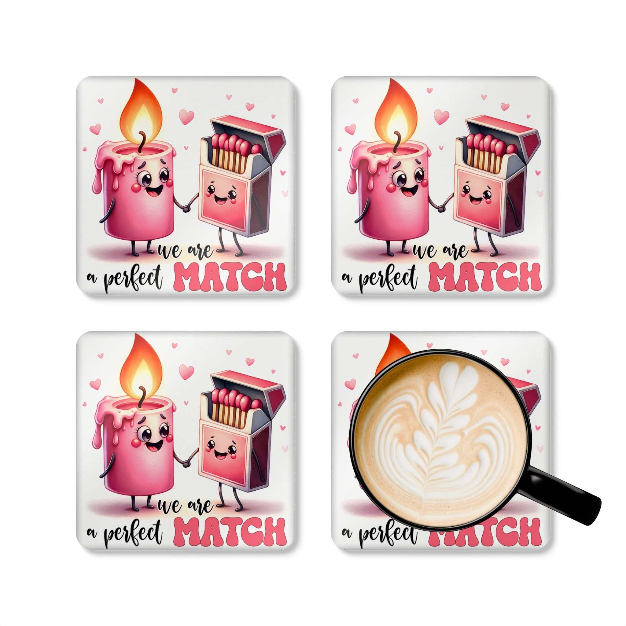 A Perfect Match Coaster Set with playful design, high-gloss MDF top, and cork back.