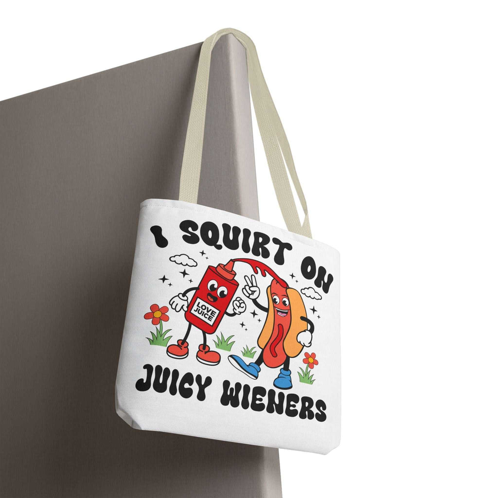 Juicy Wieners Fun Tote Bag with cheeky hot dog design and durable polyester fabric