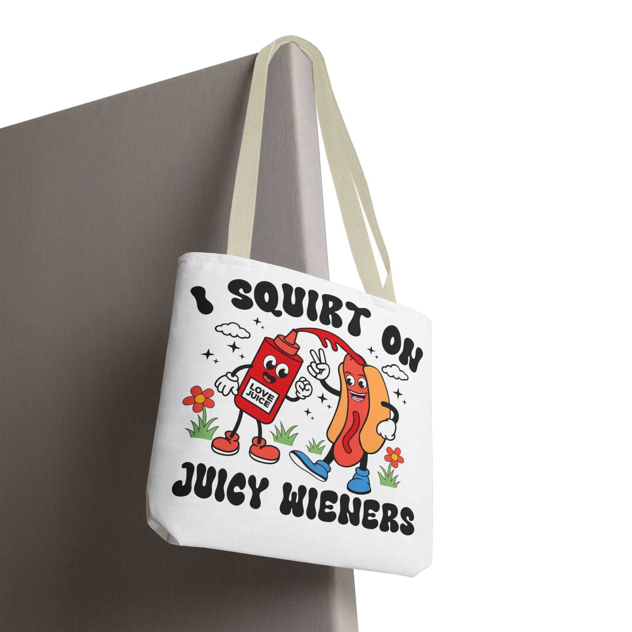 Juicy Wieners Fun Tote Bag with cheeky hot dog design and durable polyester fabric