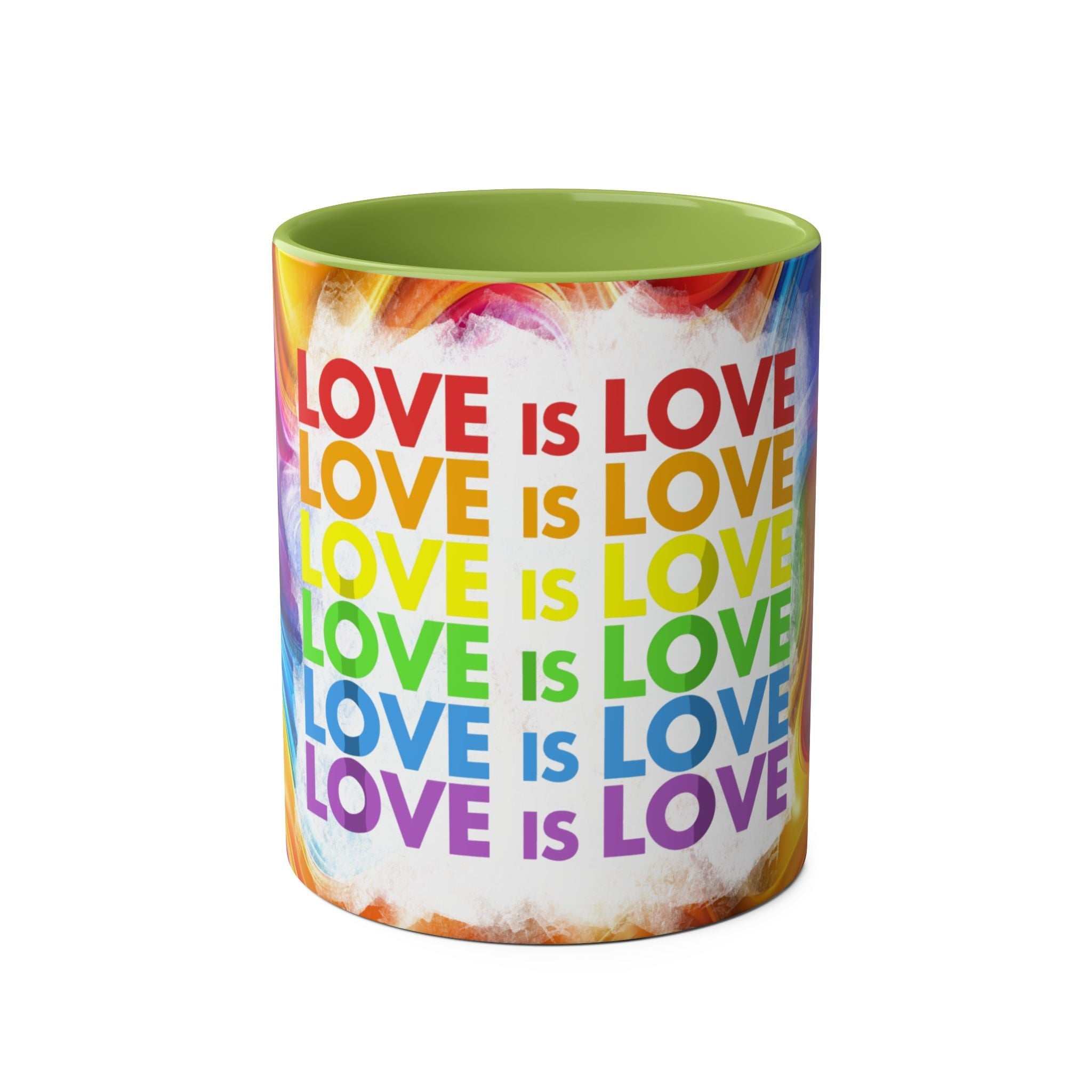 LGBTQ+ Pride ceramic mug with rainbow design and "Love is Love" text.