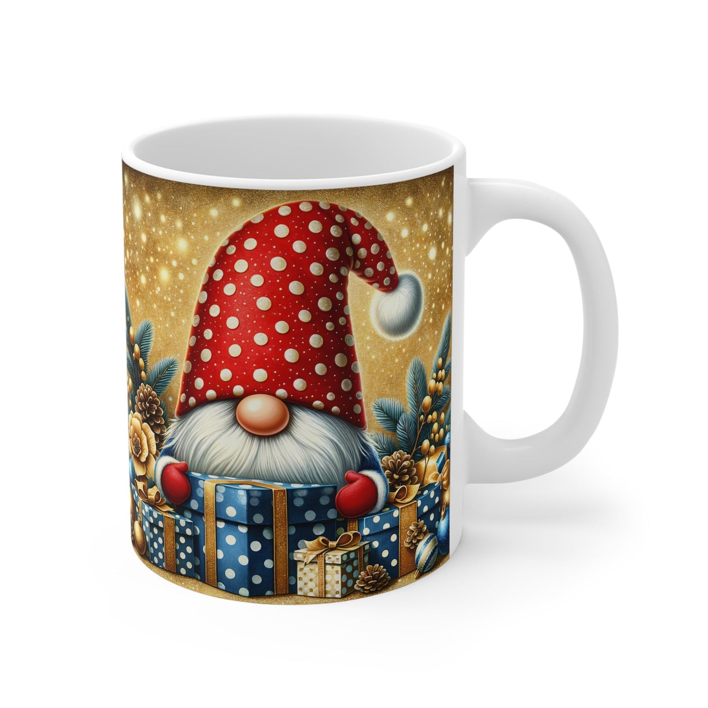 Christmas gnome mug with a red polka dot hat and festive gift design, 11oz ceramic with glossy finish.