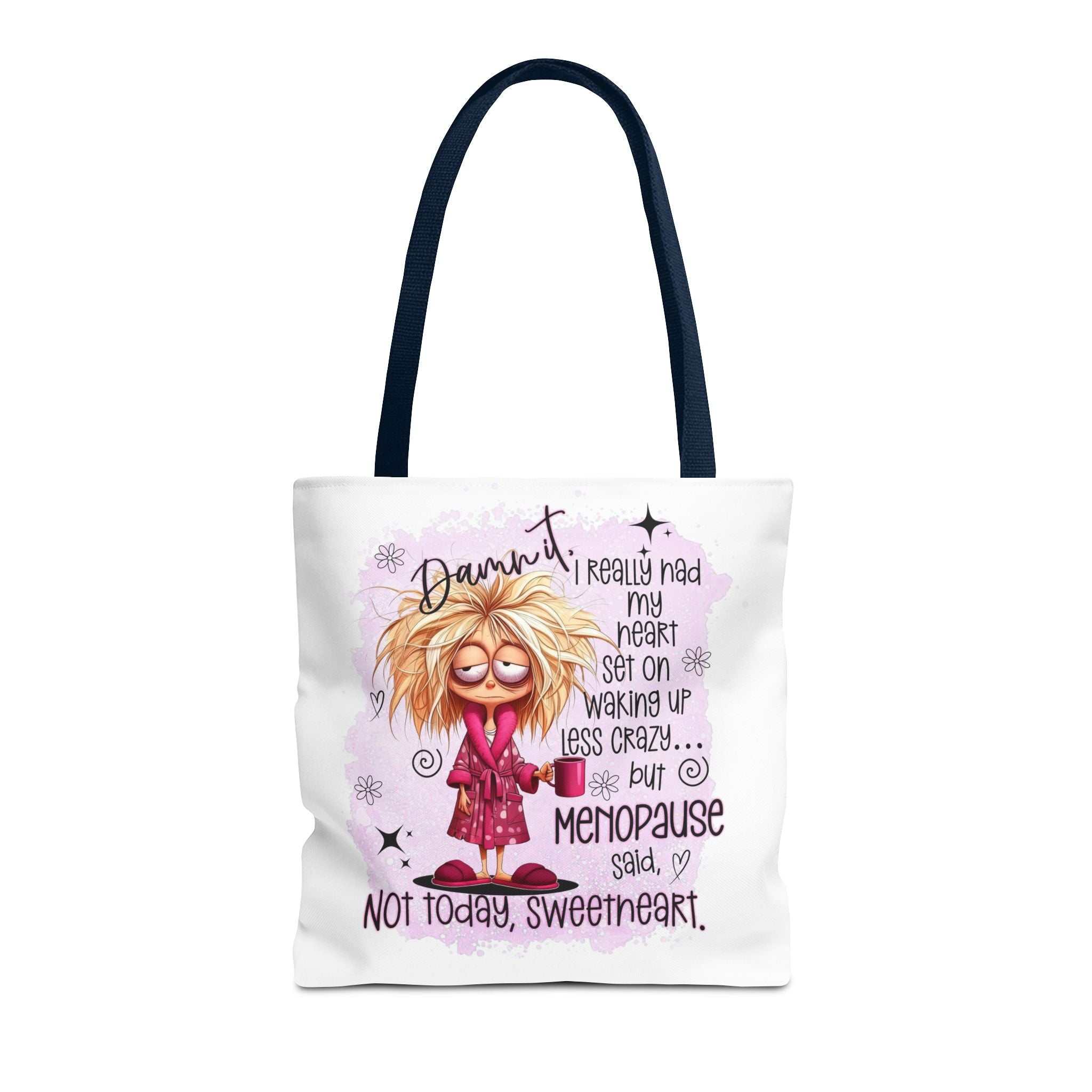 Cheeky menopause humour tote bag with durable spun polyester and colorful handles for everyday use