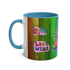 LGBTQ+ Pride Mug with vibrant rainbow design, ceramic, available in 7 colors, glossy finish, 11oz, microwave and dishwasher safe.