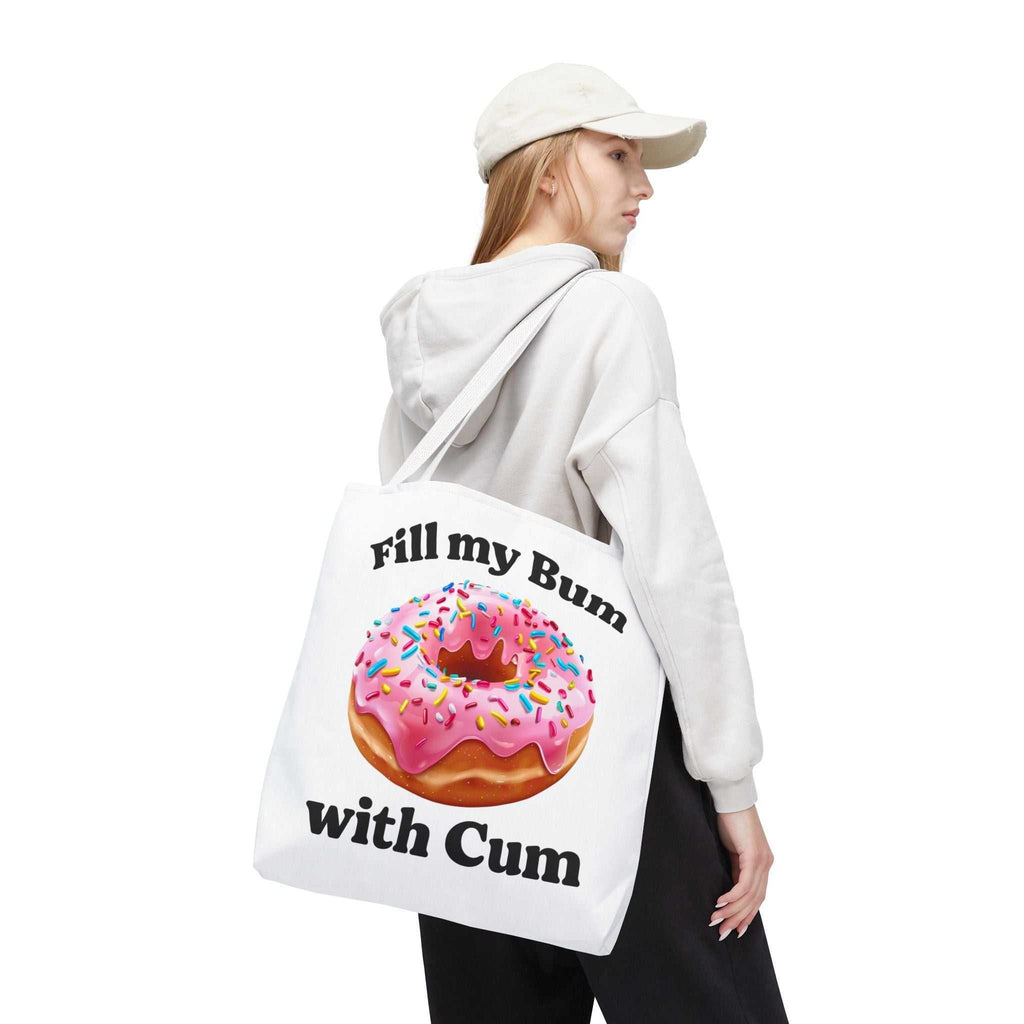 Provocative Donut Tote Bag featuring cheeky printed design, durable spun polyester, multiple sizes and handle color options