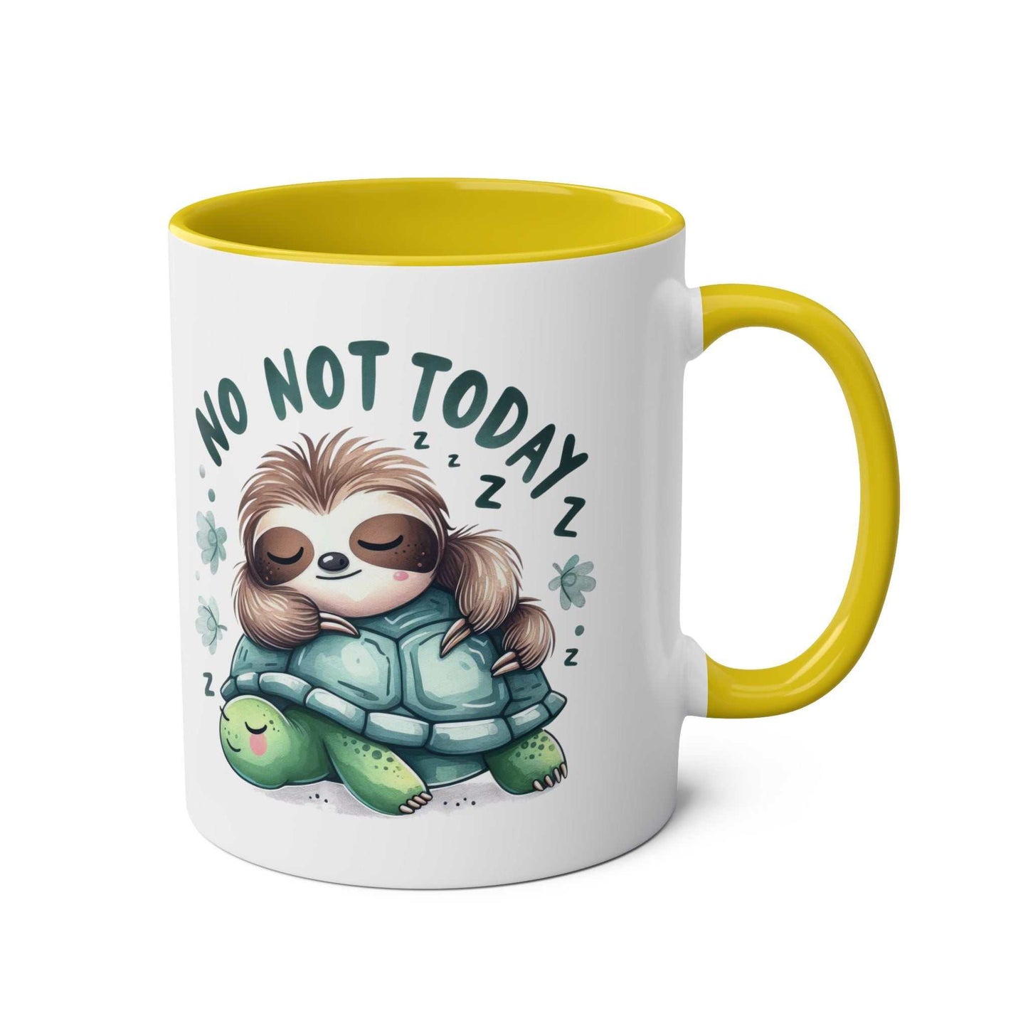 Cute sloth coffee mug with whimsical design and yellow interior.