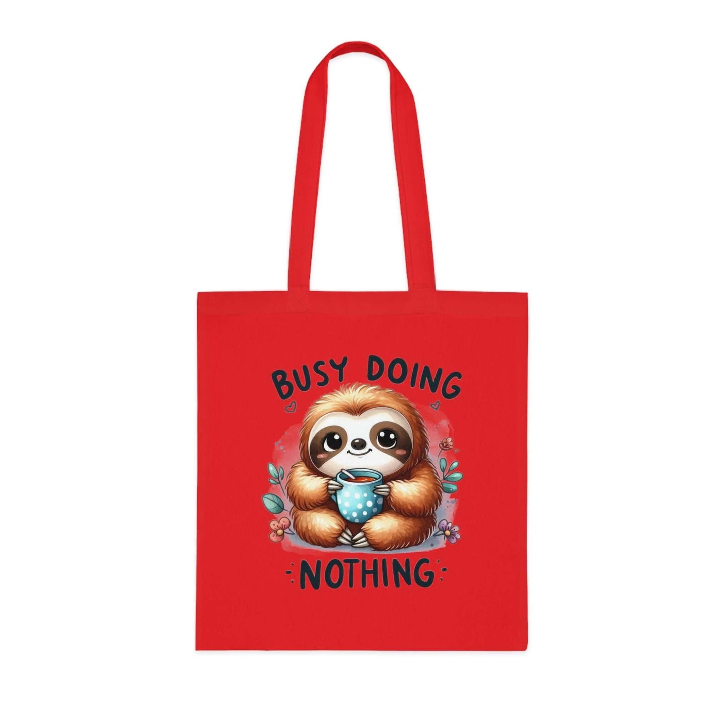 Cotton tote bag featuring a cute sloth design with "Busy Doing Nothing" text, in vibrant red color.