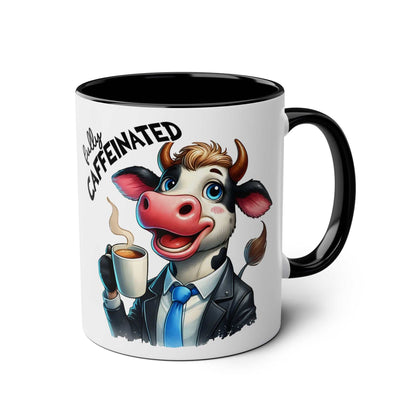 Fun Sarcastic Coffee Mug with cartoon cow, fully caffeinated text, and glossy finish.
