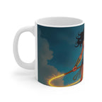White ceramic mug featuring a Wonder Woman inspired superhero design with glowing golden lasso on a dark sky background, 11oz glossy finish, microwave and dishwasher safe