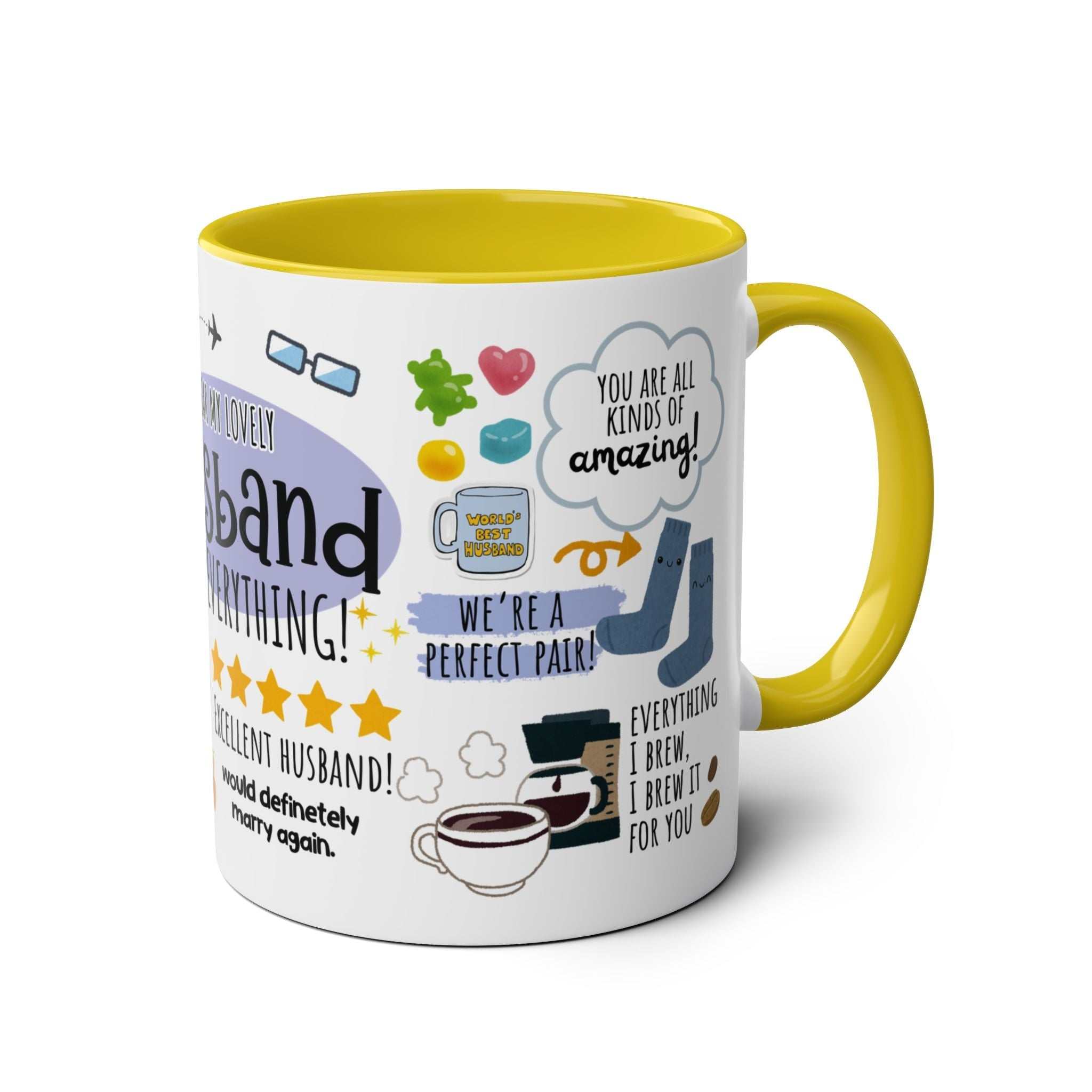 Husband Fathers Day gift mug with colorful design and cheerful illustrations, perfect for dads.