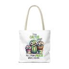 Fun cactus tote bag with cheeky design, durable spun polyester, multiple sizes and handle color options.