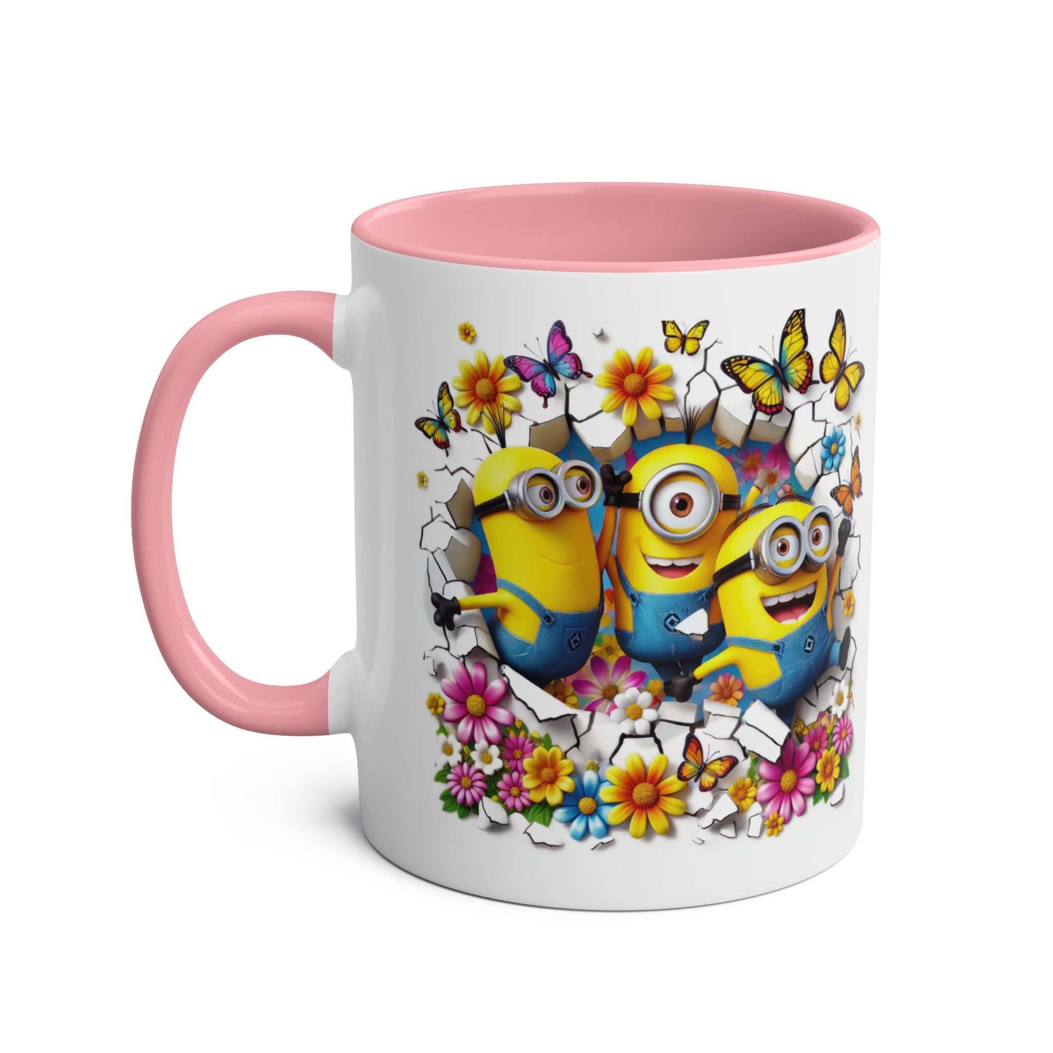Cheerful Minion inspired coffee mug with bright design and flowers.