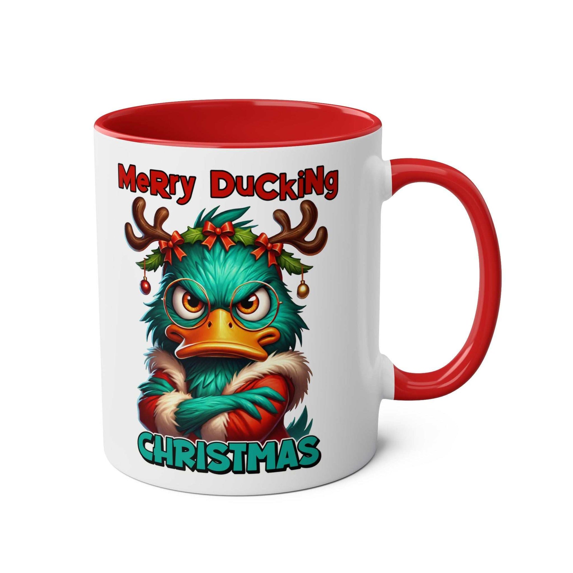 Sarky Christmas Mug with duck design, available in 7 colors, 11oz ceramic, microwave and dishwasher safe.