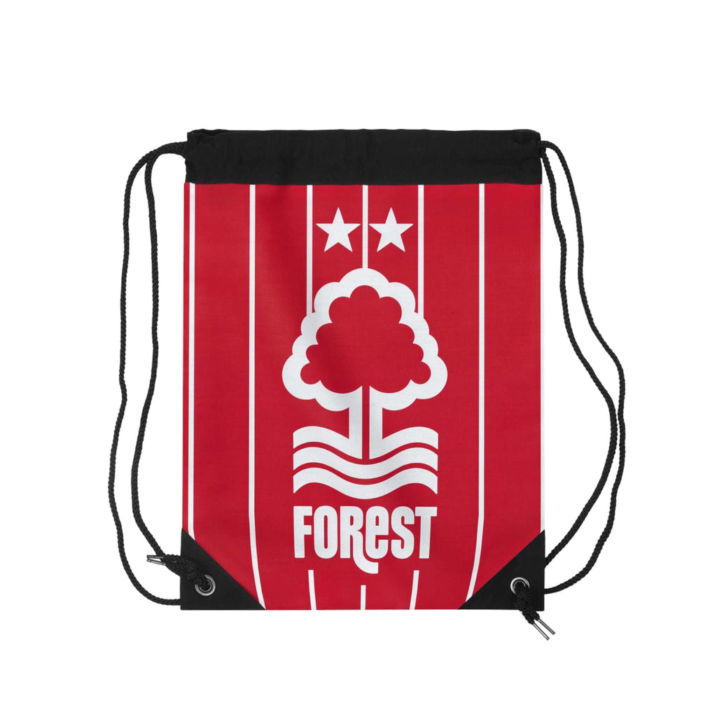Nottingham Forest drawstring bag in red with white tree crest and black corners, lightweight and durable polyester, ideal for gym, travel, and everyday use