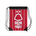 Nottingham Forest drawstring bag in red with white tree crest and black corners, lightweight and durable polyester, ideal for gym, travel, and everyday use