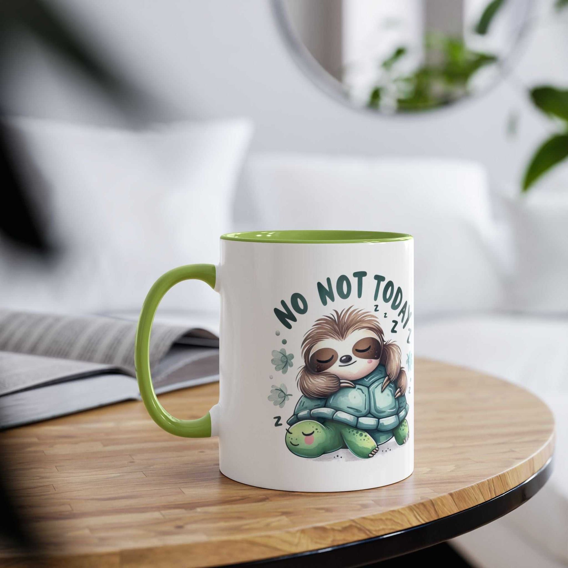 Cute sloth coffee mug with "No Not Today" design, perfect for animal lovers.