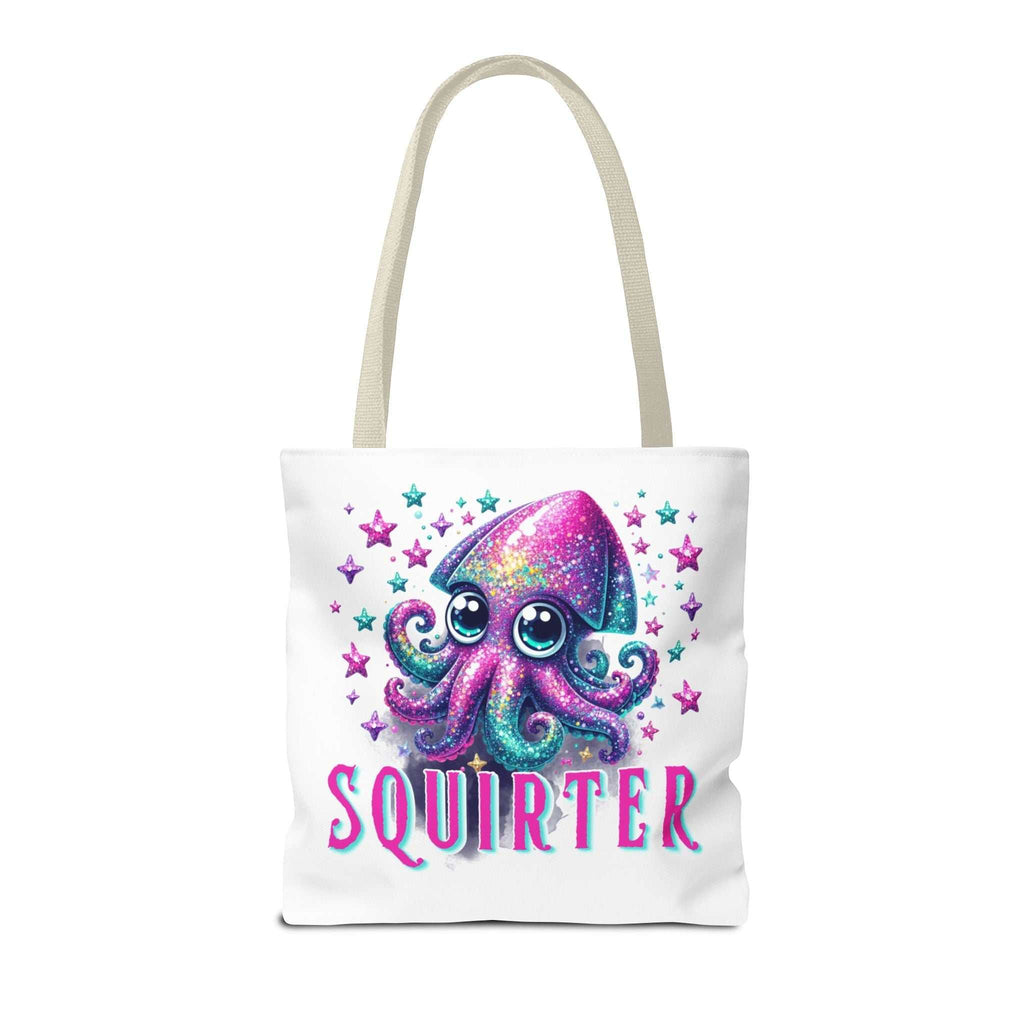 Squirter Squid Tote Bag with cheeky design, durable spun polyester, multiple sizes and handle colors, perfect for daily use