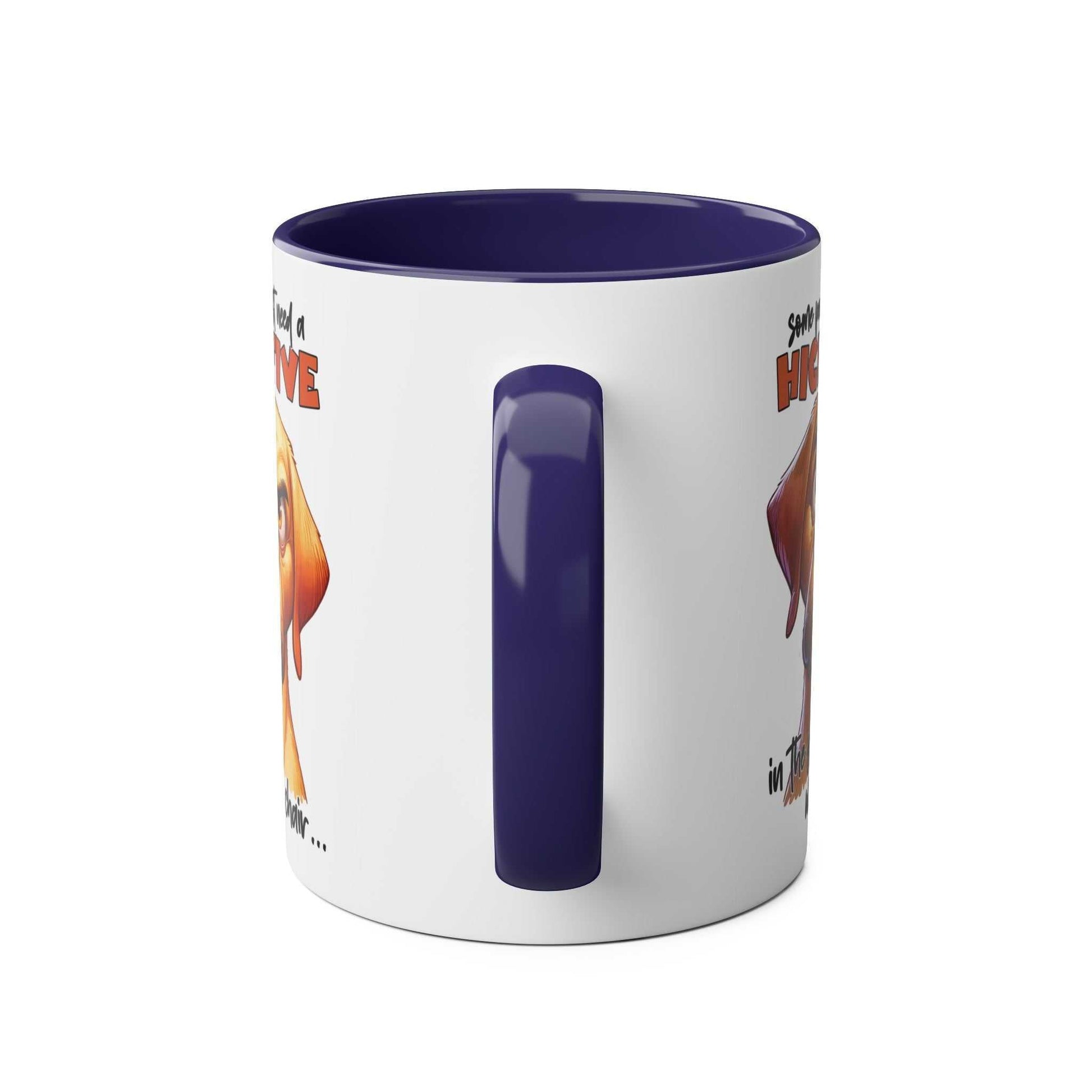 High Five Coffee Mug with snarky dog graphic and blue handle.