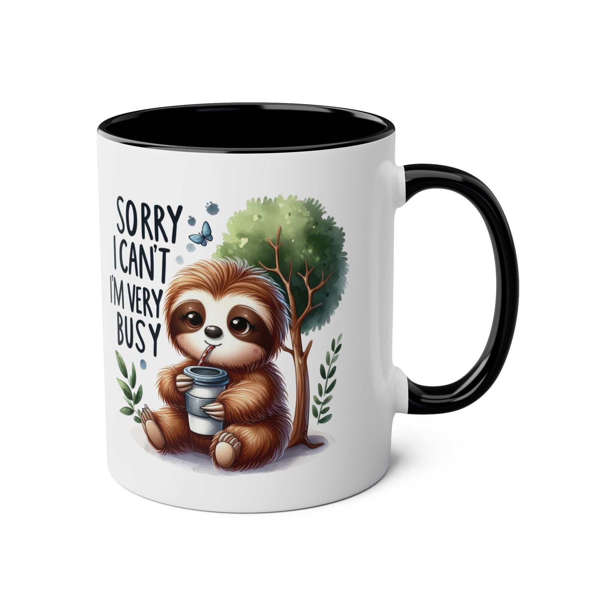 Cute sloth coffee mug with printed design, black handle, and cozy whimsical style.