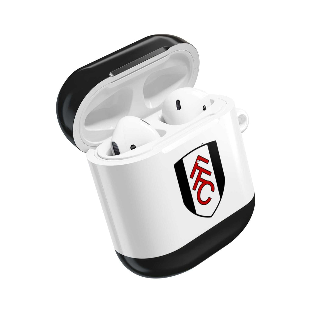 Fulham FC AirPods protective hard case with club crest and black-white design, shock-resistant and wireless charging compatible