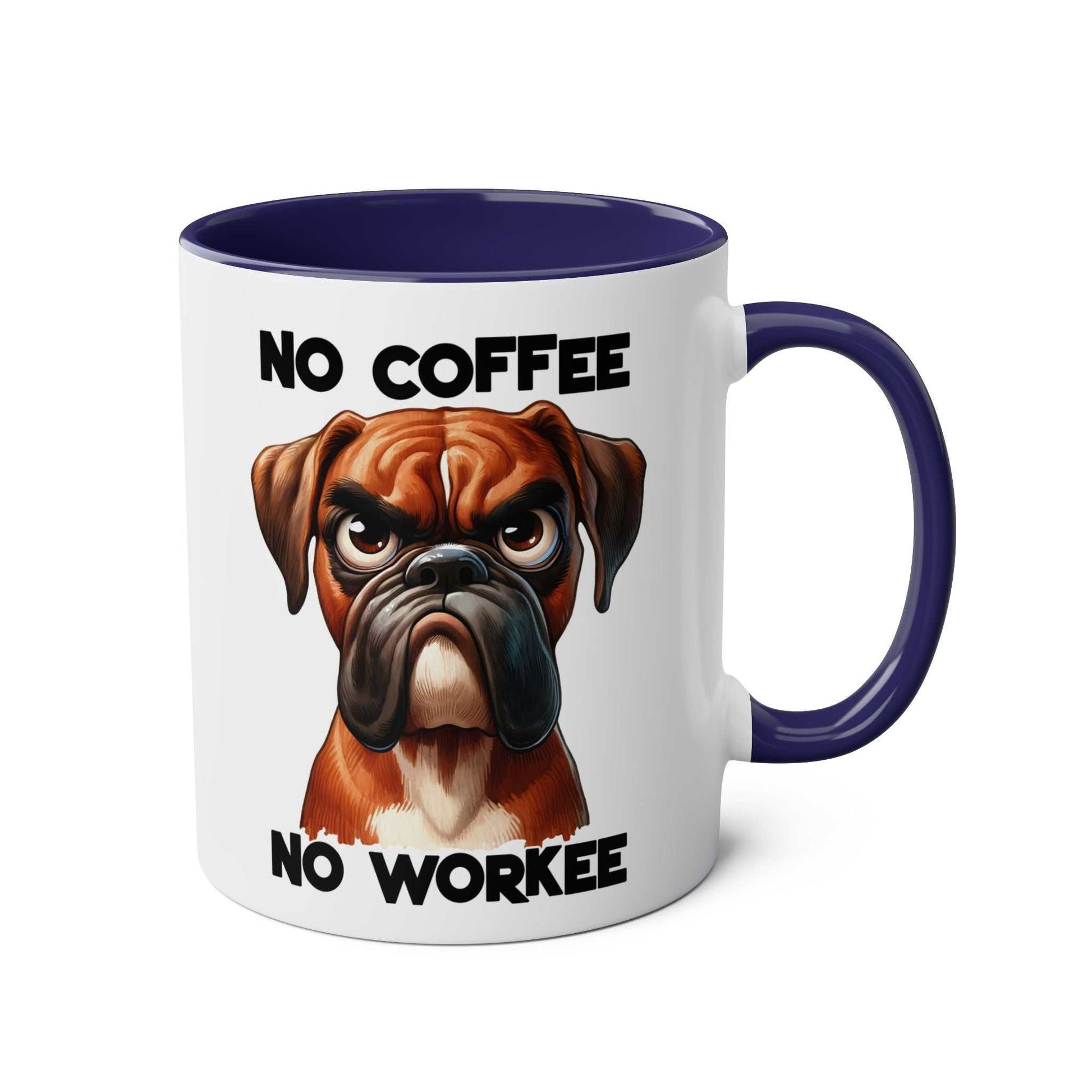 No Coffee No Workee Mug with sarky dog design, ceramic, glossy finish, 11oz, microwave and dishwasher safe.