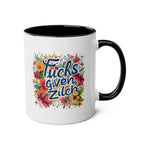 Zilch Coffee Mug with colorful floral design and cheeky text.