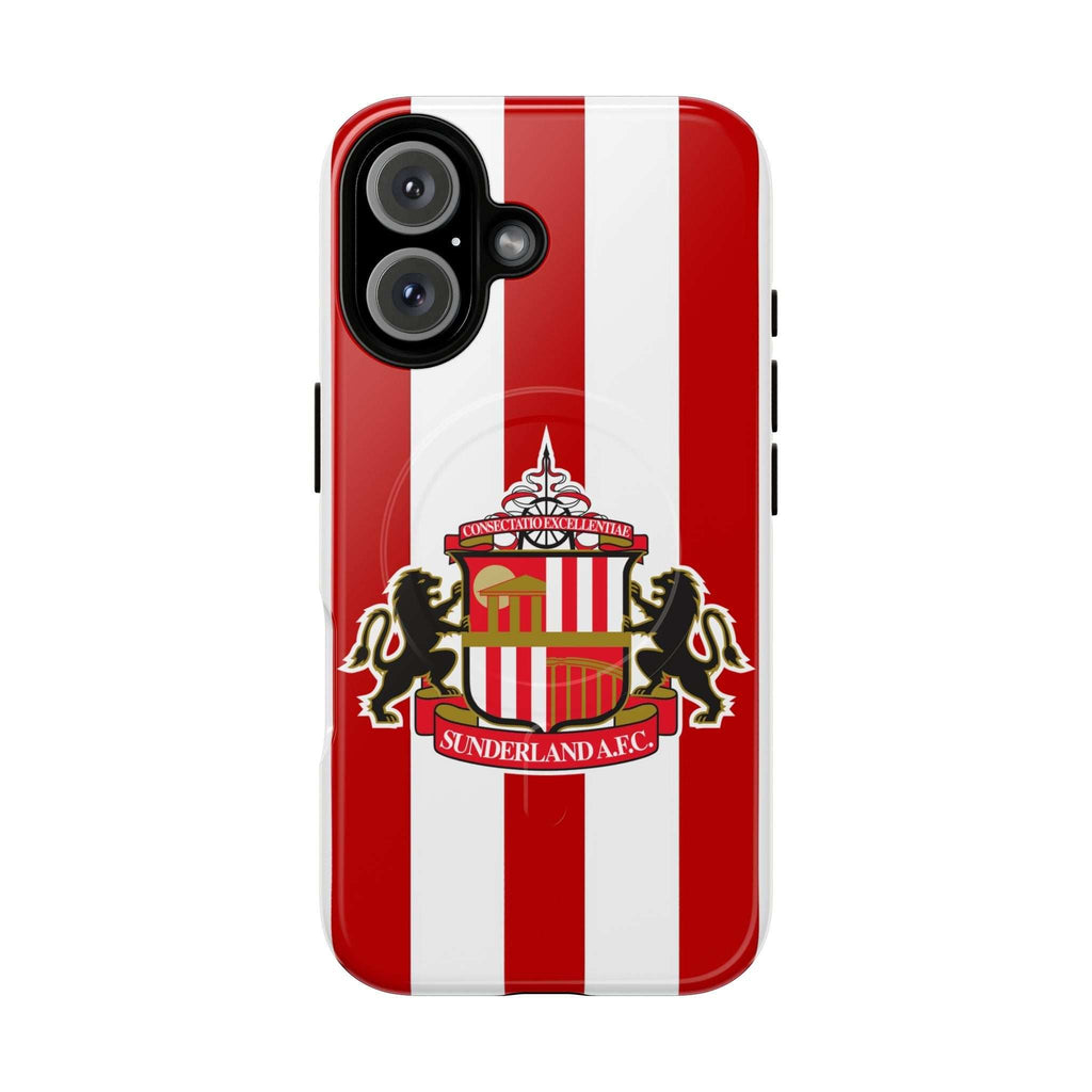 Sunderland FC red and white striped MagSafe iPhone case with club crest and dual-layer protection